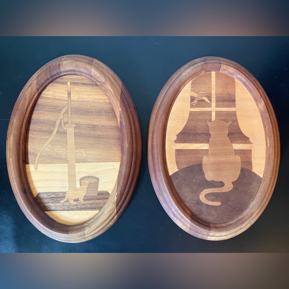 Vintage Inlaid Wood Cat Wall Hangings